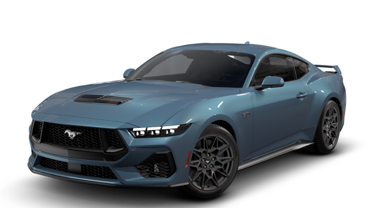 2026 Ford Mustang GT in Vapor Blue Metallic — front three-quarter view