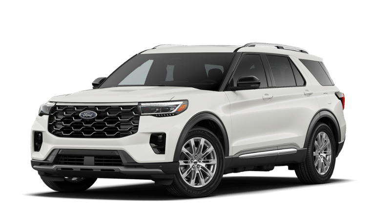2026 Ford Explorer Platinum in Star White Metallic Tri-Coat — front three-quarter view