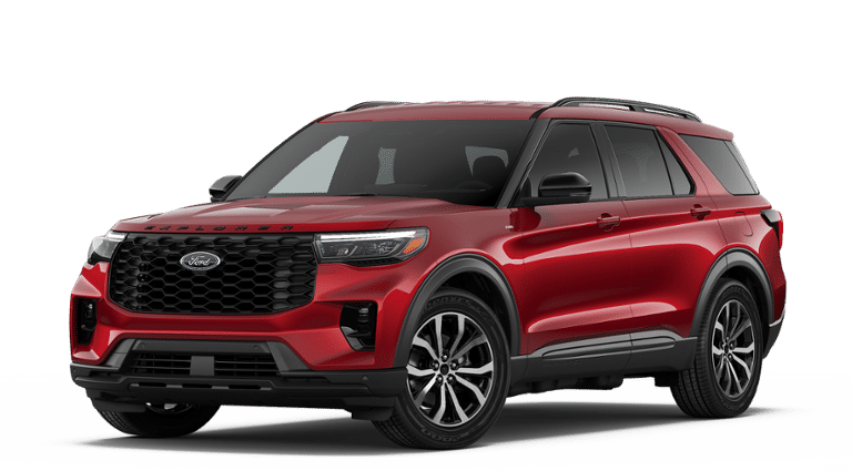2026 Ford Explorer ST-Line in Rapid Red Metallic Tinted Clearcoat — front three-quarter view